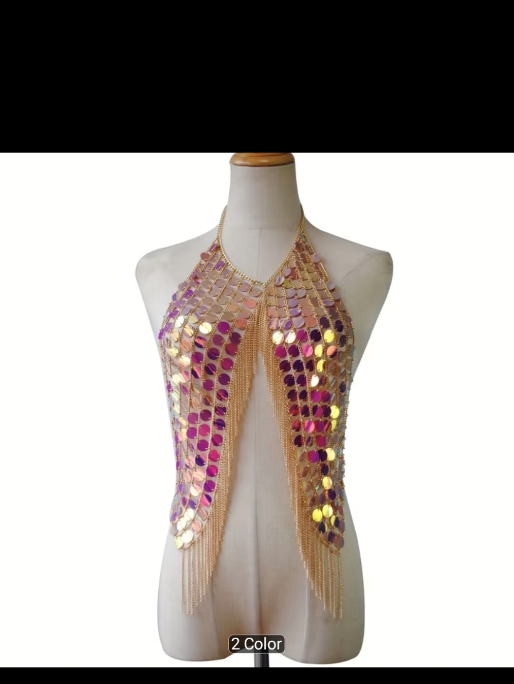 Sequined Halter Chainmail Crop Top in Gold and Pink